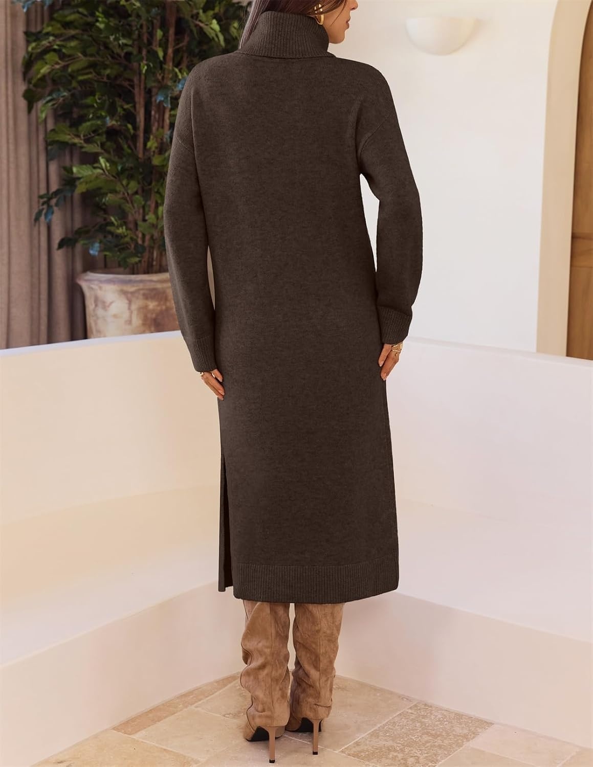image:imageMEROKEETY Womens Fall Casual Turtleneck Oversized Chunky Knit Sweater DressCoffee