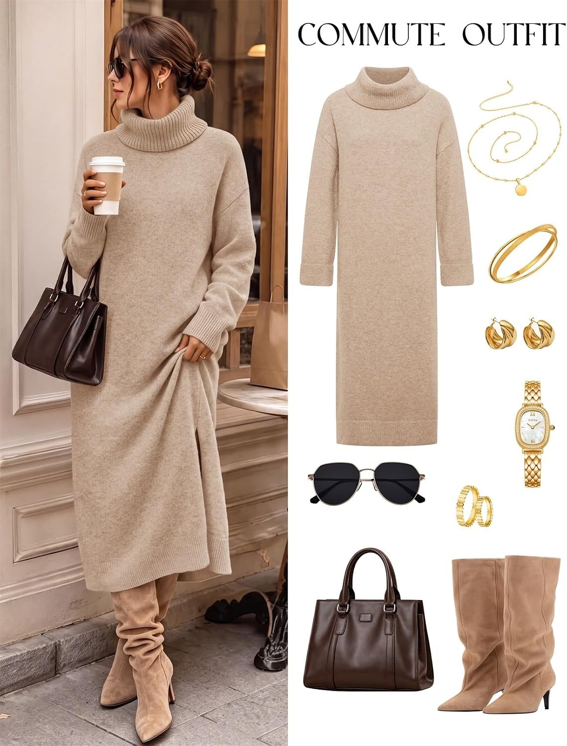 image:imageMEROKEETY Womens Fall Casual Turtleneck Oversized Chunky Knit Sweater DressKhaki