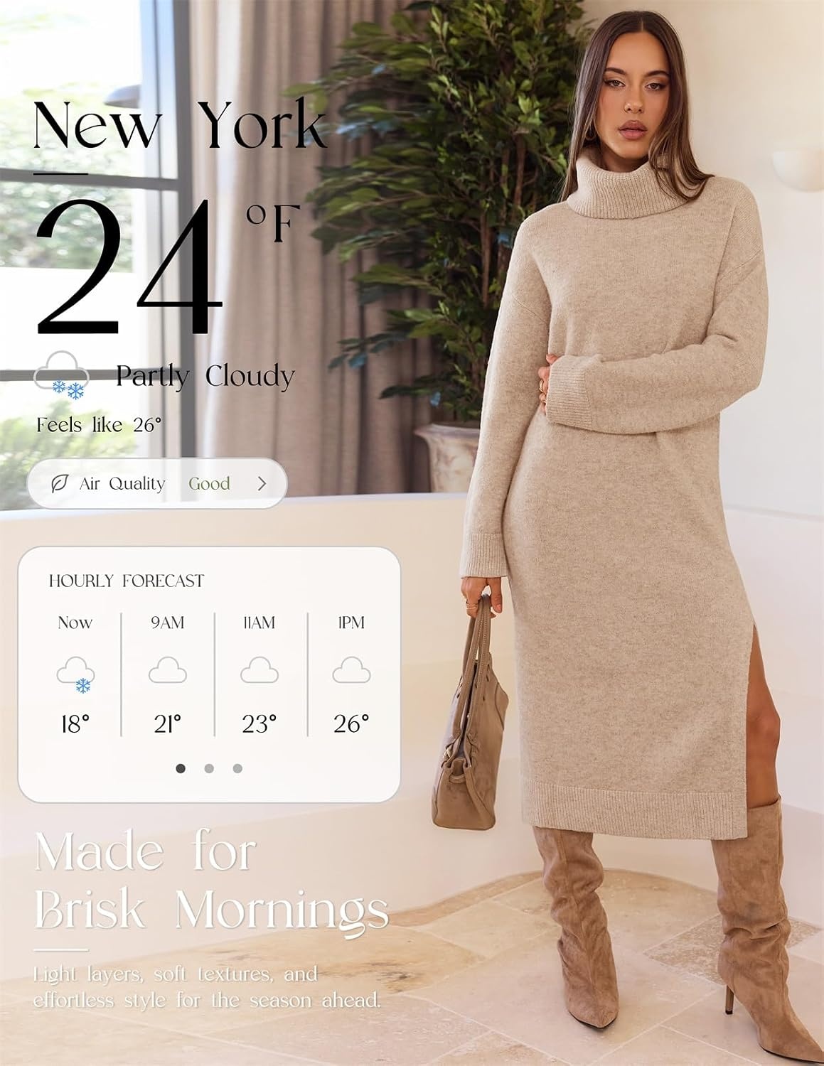 image:imageMEROKEETY Womens Fall Casual Turtleneck Oversized Chunky Knit Sweater DressKhaki