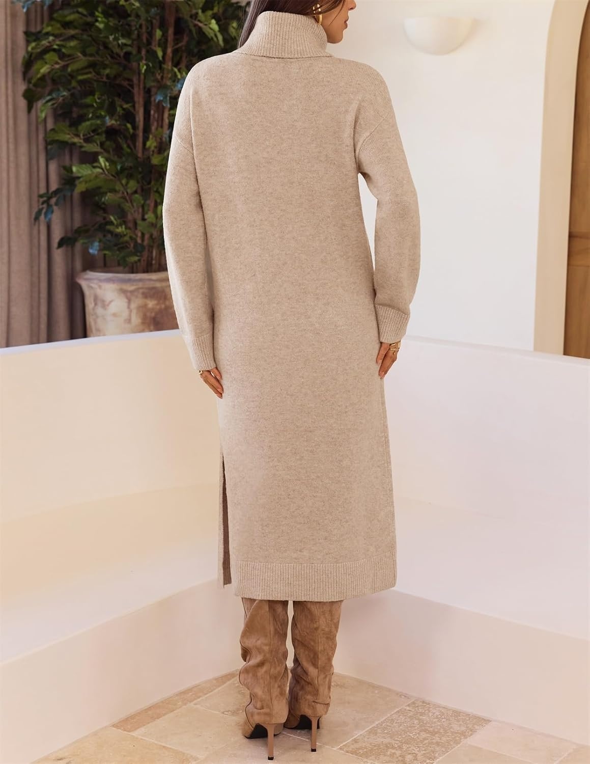 image:imageMEROKEETY Womens Fall Casual Turtleneck Oversized Chunky Knit Sweater DressKhaki