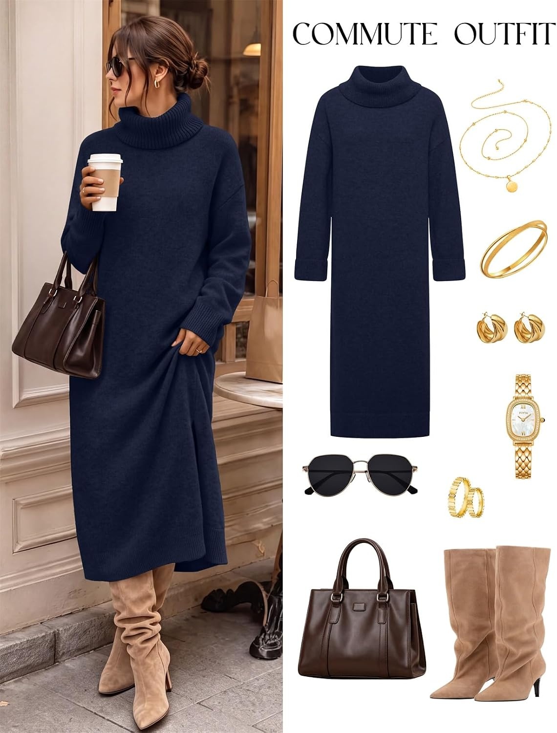 image:imageMEROKEETY Womens Fall Casual Turtleneck Oversized Chunky Knit Sweater DressNavy