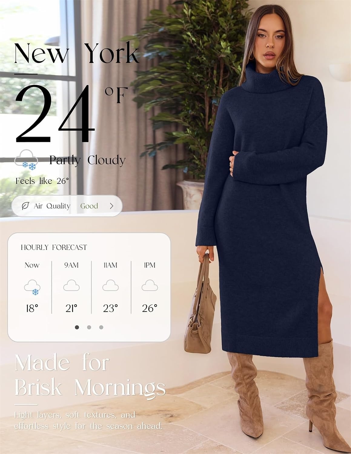 image:imageMEROKEETY Womens Fall Casual Turtleneck Oversized Chunky Knit Sweater DressNavy