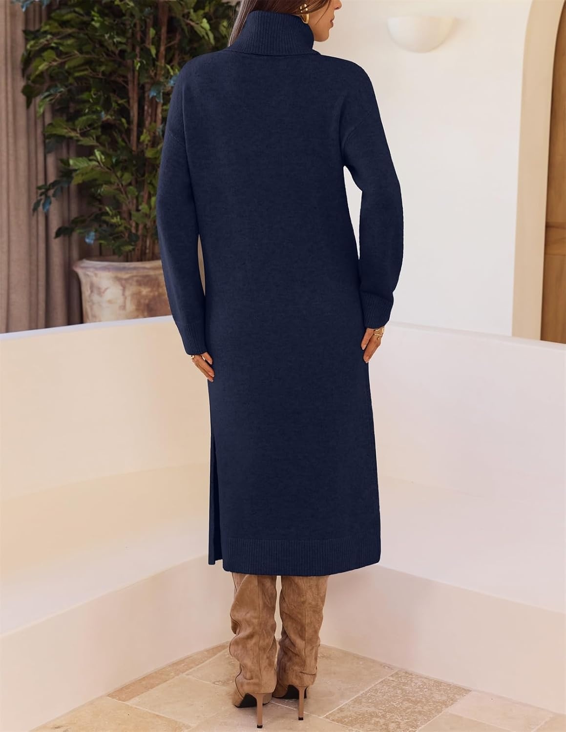 image:imageMEROKEETY Womens Fall Casual Turtleneck Oversized Chunky Knit Sweater DressNavy