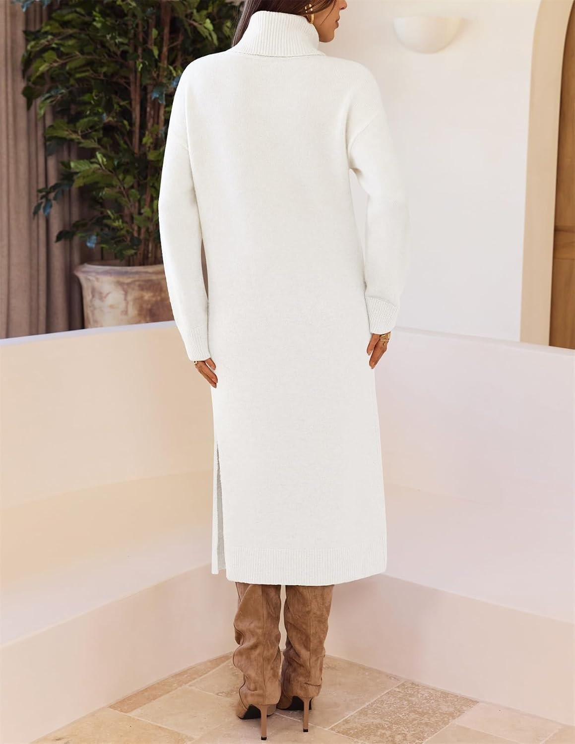 image:imageMEROKEETY Womens Fall Casual Turtleneck Oversized Chunky Knit Sweater DressWhite