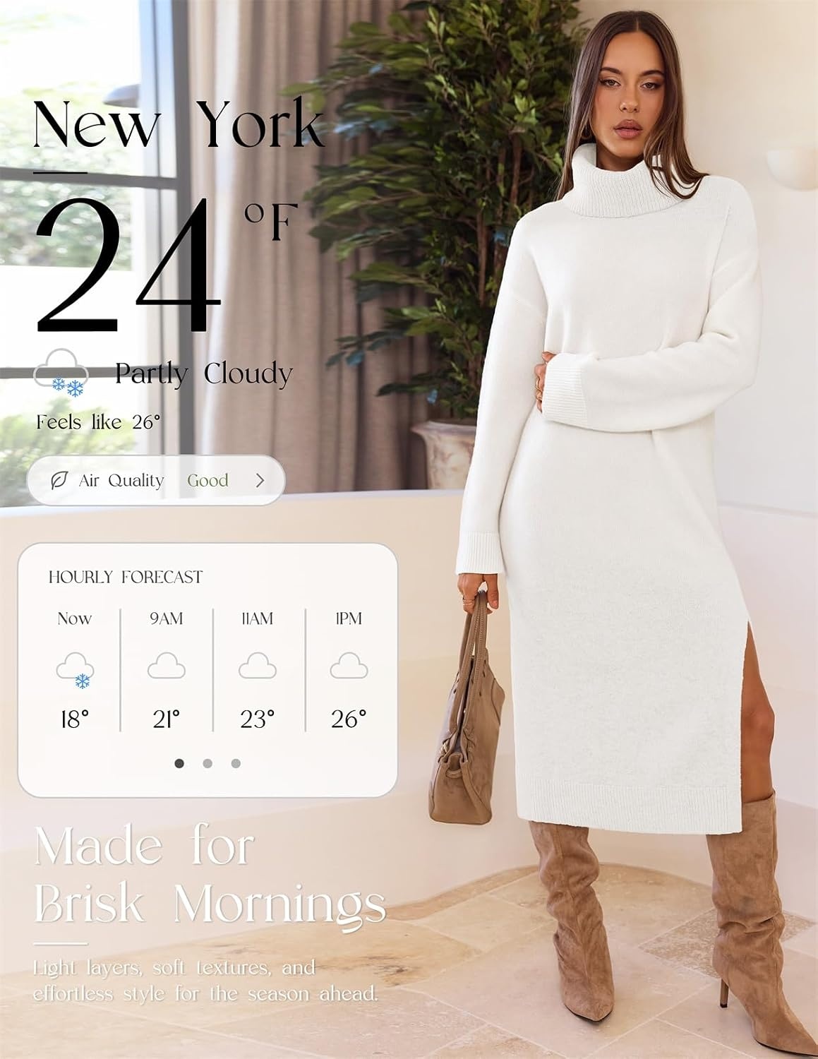 image:imageMEROKEETY Womens Fall Casual Turtleneck Oversized Chunky Knit Sweater DressWhite