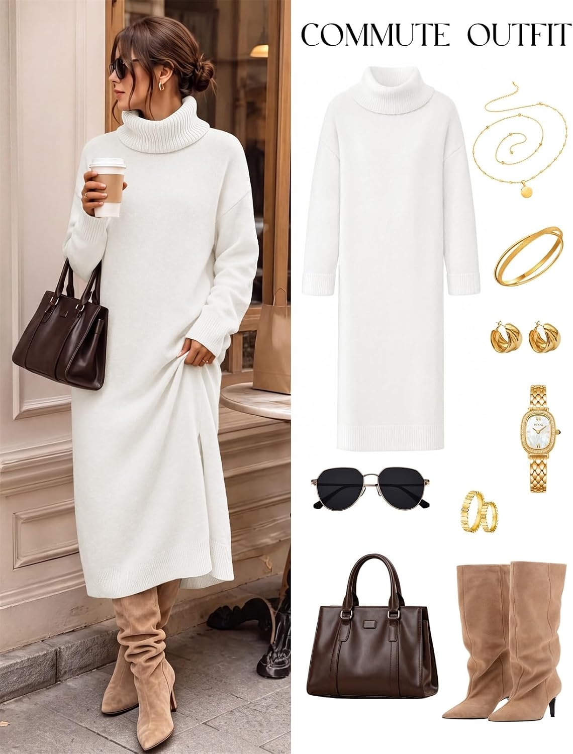 image:imageMEROKEETY Womens Fall Casual Turtleneck Oversized Chunky Knit Sweater DressWhite