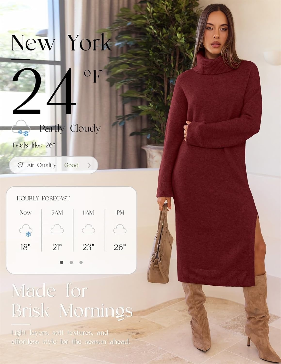 image:imageMEROKEETY Womens Fall Casual Turtleneck Oversized Chunky Knit Sweater DressWine
