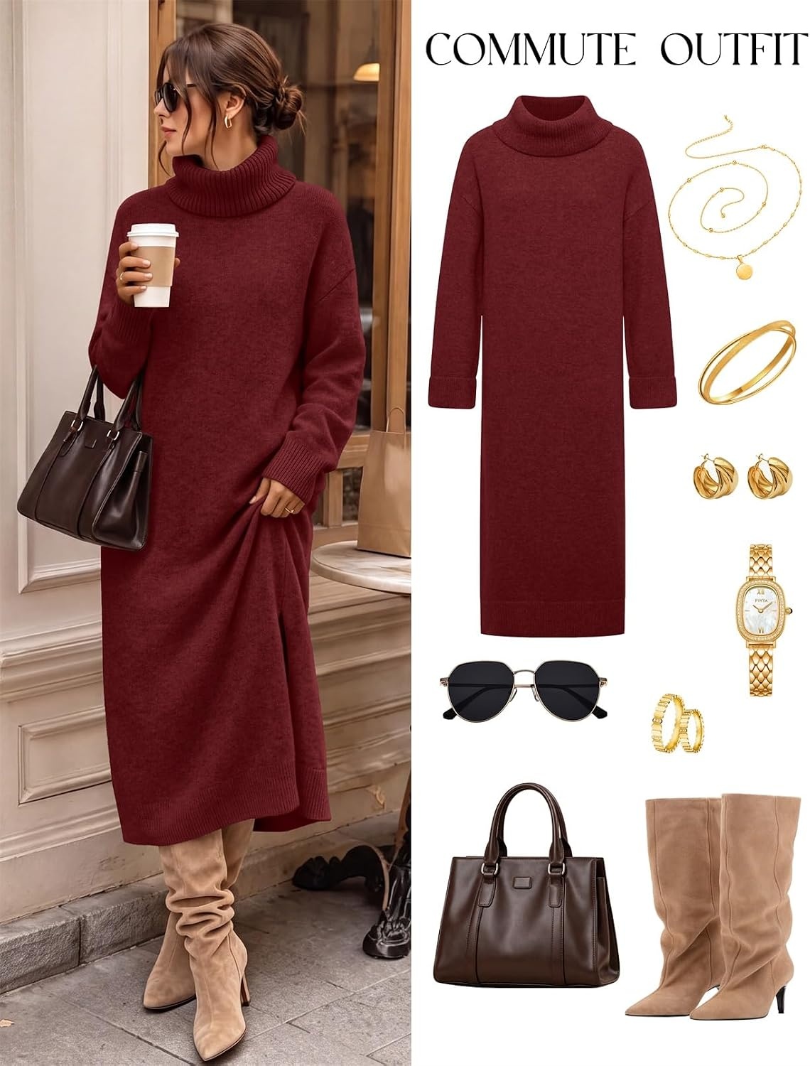 image:imageMEROKEETY Womens Fall Casual Turtleneck Oversized Chunky Knit Sweater DressWine