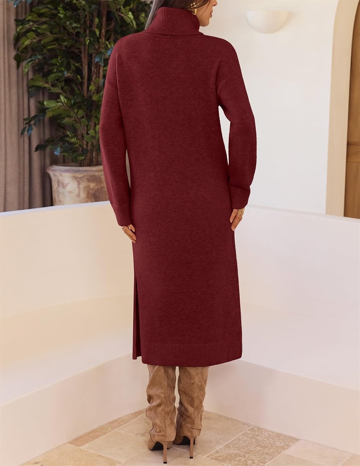 image:imageMEROKEETY Womens Fall Casual Turtleneck Oversized Chunky Knit Sweater DressWine