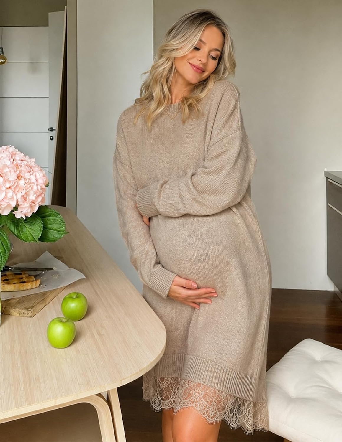 image:imageMEROKEETY Womens Fall Long Sleeve Lace Oversized Casual Knit Sweater DressOatmeal