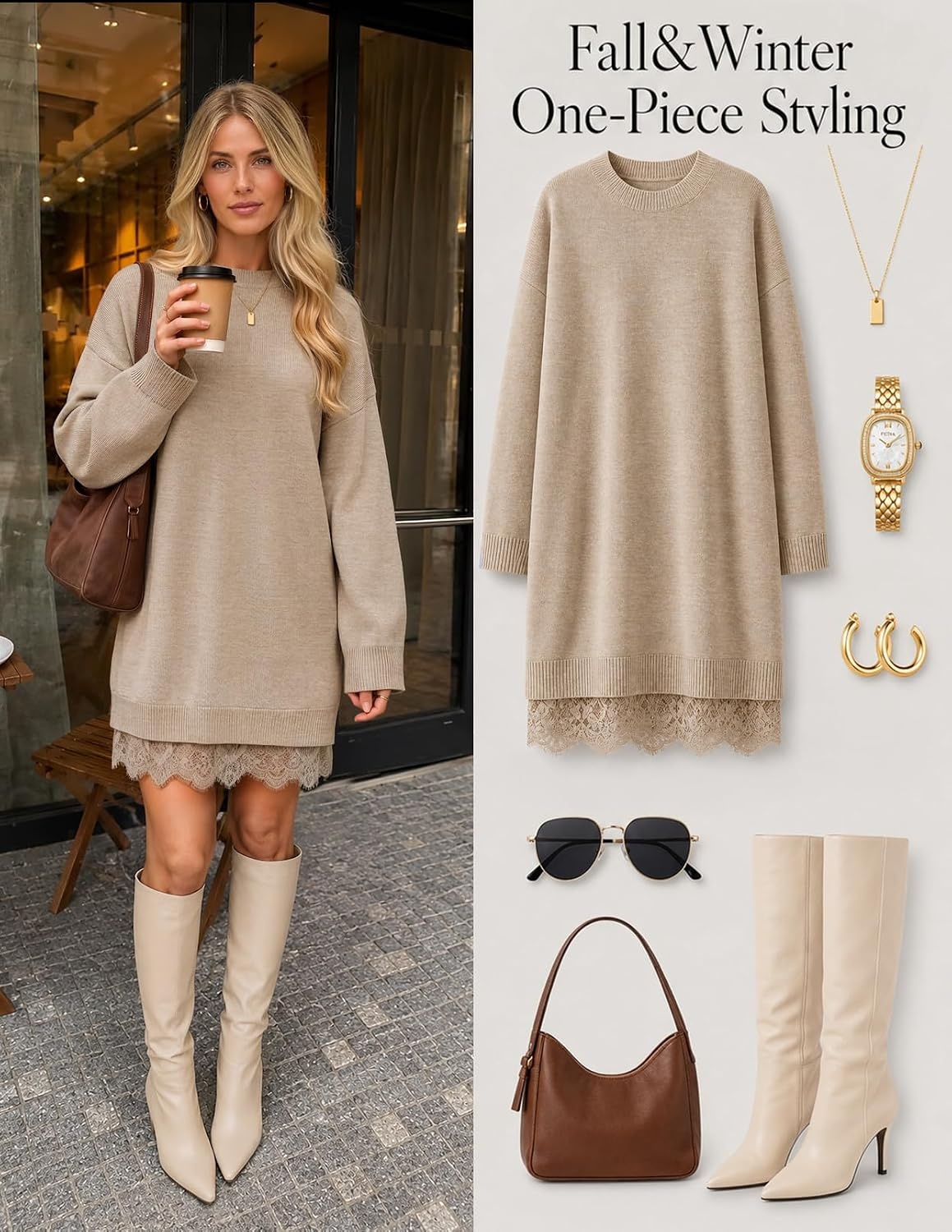 image:imageMEROKEETY Womens Fall Long Sleeve Lace Oversized Casual Knit Sweater DressOatmeal