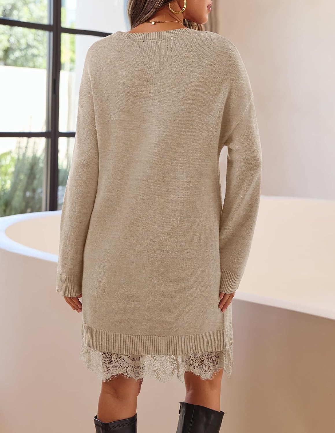 image:imageMEROKEETY Womens Fall Long Sleeve Lace Oversized Casual Knit Sweater DressOatmeal