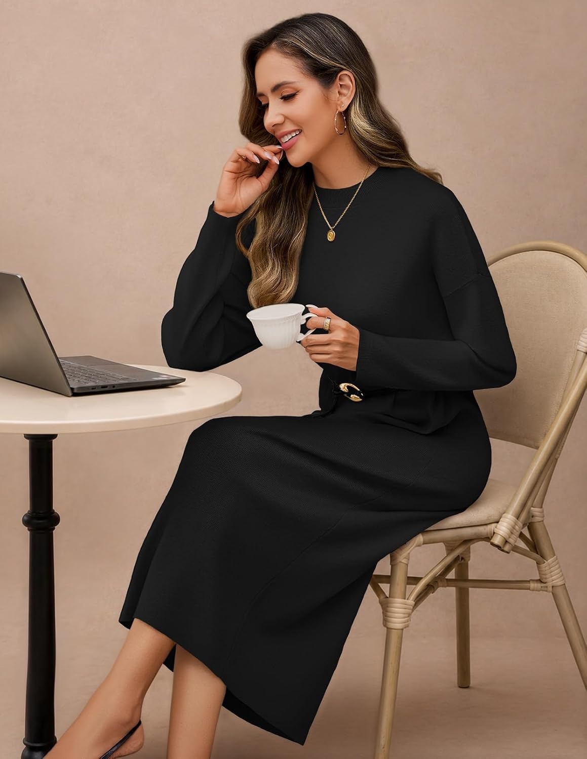image:imageMEROKEETY Womens Fall Sweater Dress 2026 Winter Long Sleeve Midi DressesBlack