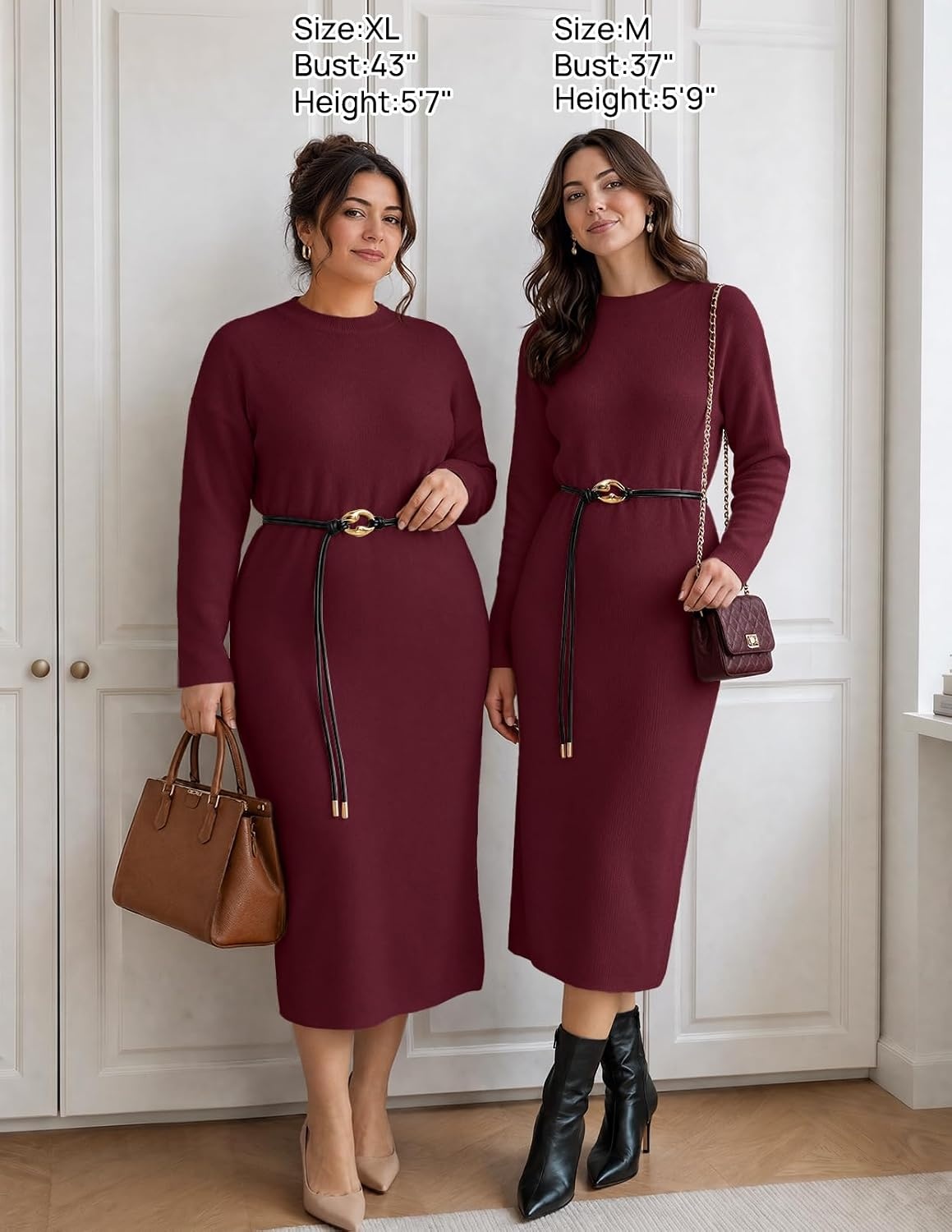 image:imageMEROKEETY Womens Fall Sweater Dress 2026 Winter Long Sleeve Midi DressesBurgundy