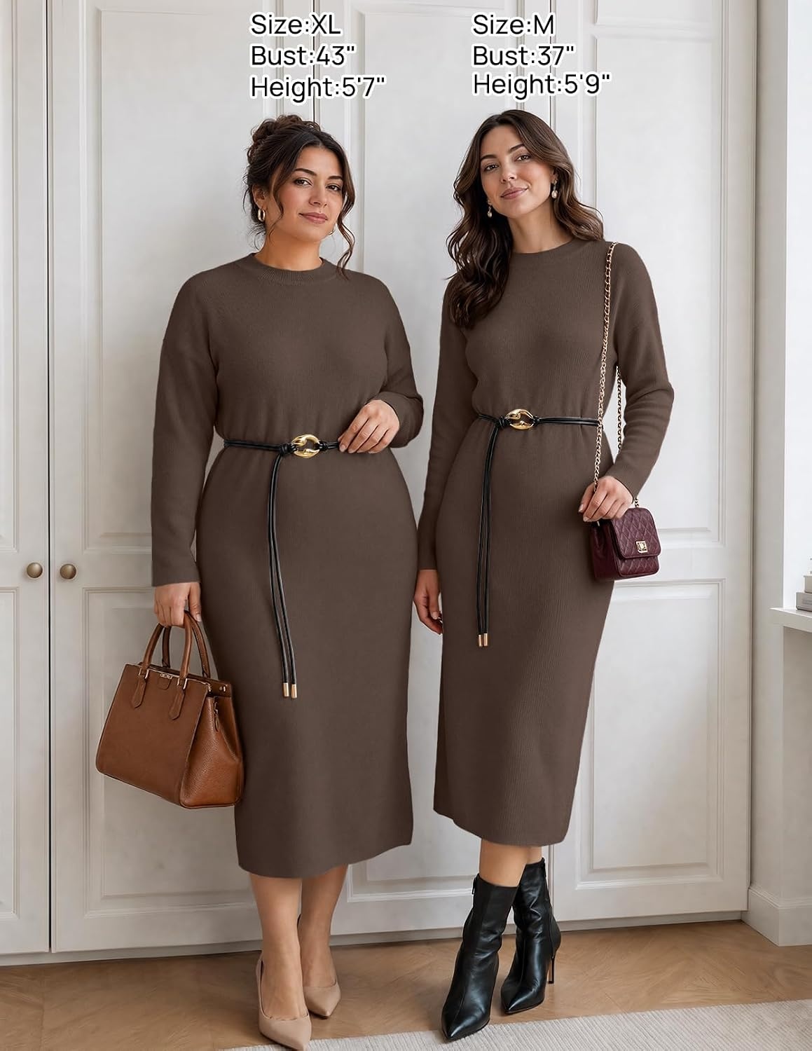 image:imageMEROKEETY Womens Fall Sweater Dress 2026 Winter Long Sleeve Midi DressesCoffee