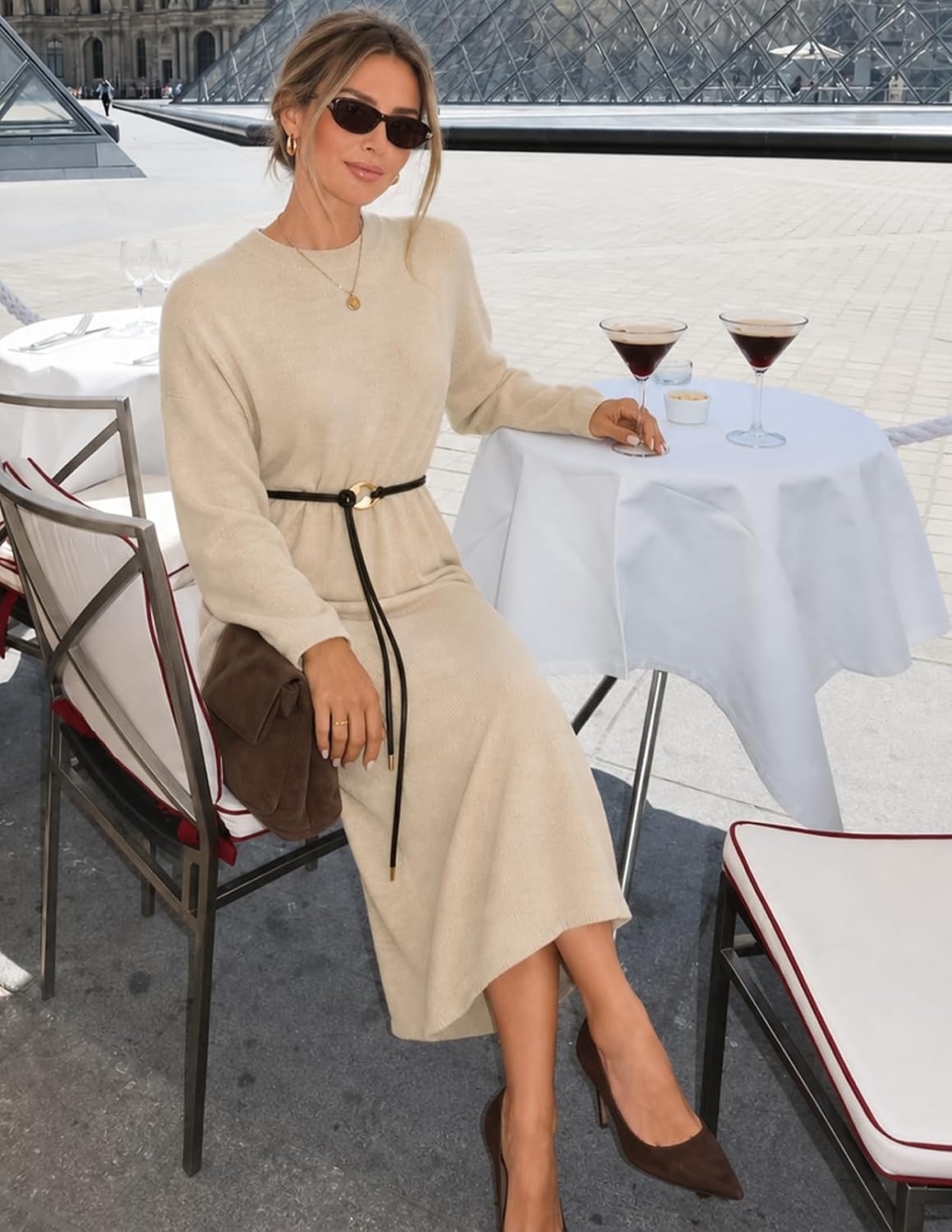 image:imageMEROKEETY Womens Fall Sweater Dress 2026 Winter Long Sleeve Midi DressesOatmeal