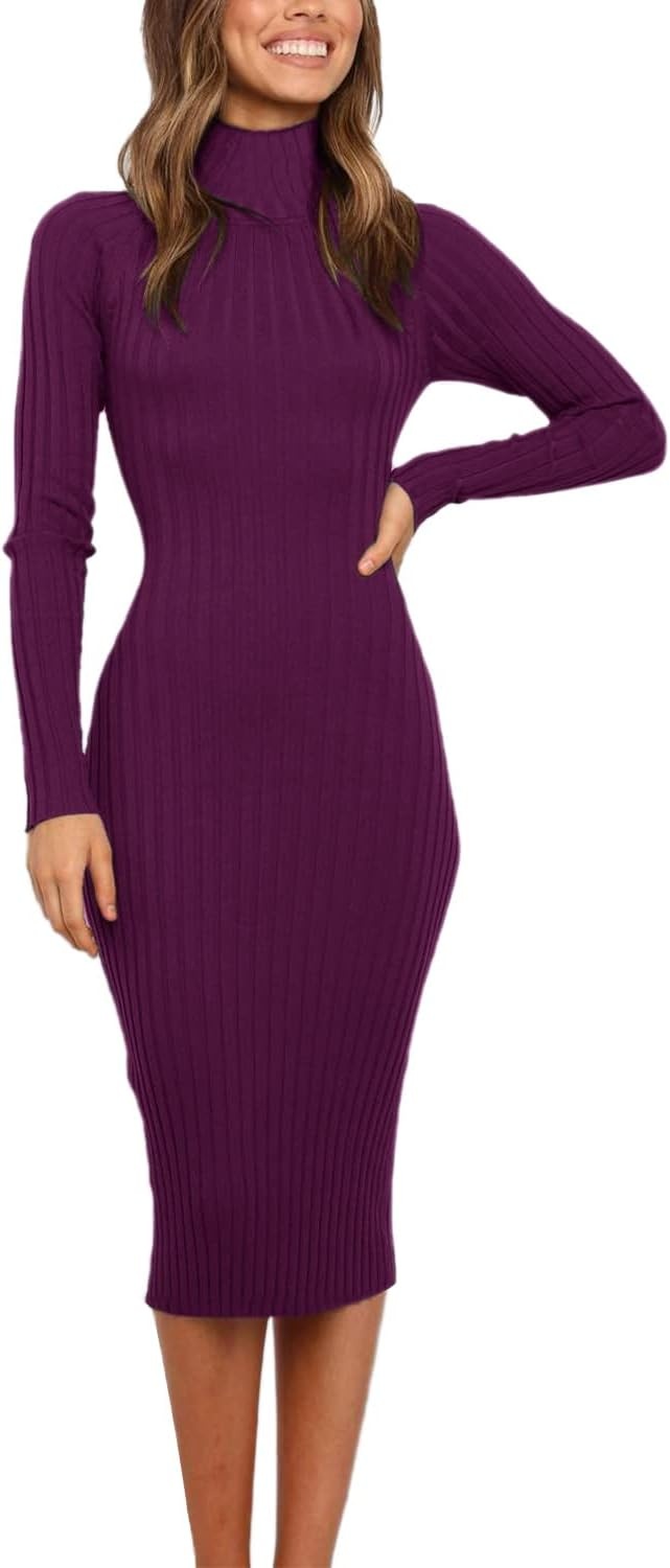 image:imageMEROKEETY Womens Ribbed Knit Fall Bodycon Midi Sweater DressPlum