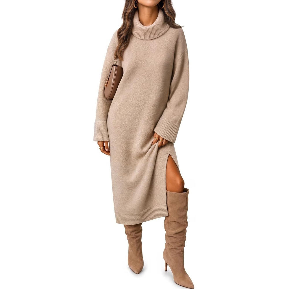 image:imageMEROKEETY Womens Fall Casual Turtleneck Oversized Chunky Knit Sweater DressKhaki