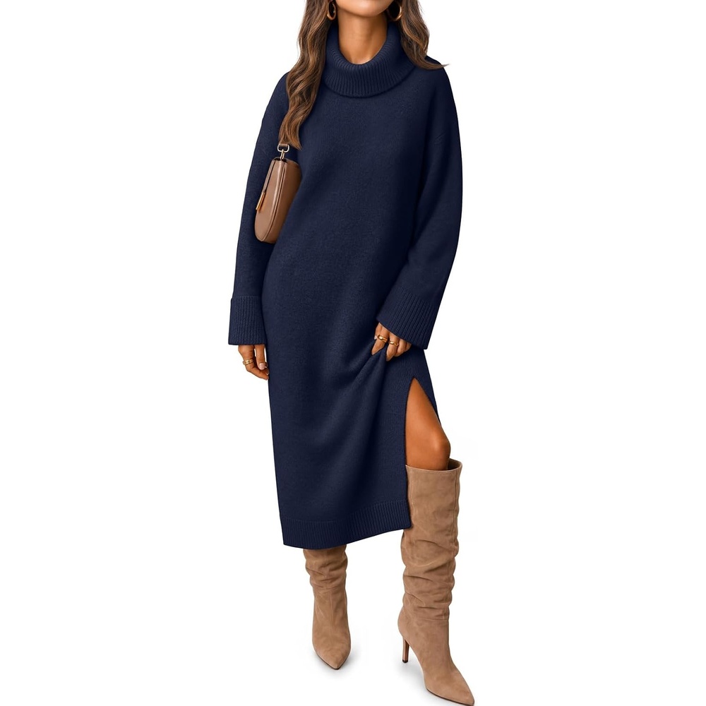 image:imageMEROKEETY Womens Fall Casual Turtleneck Oversized Chunky Knit Sweater DressNavy