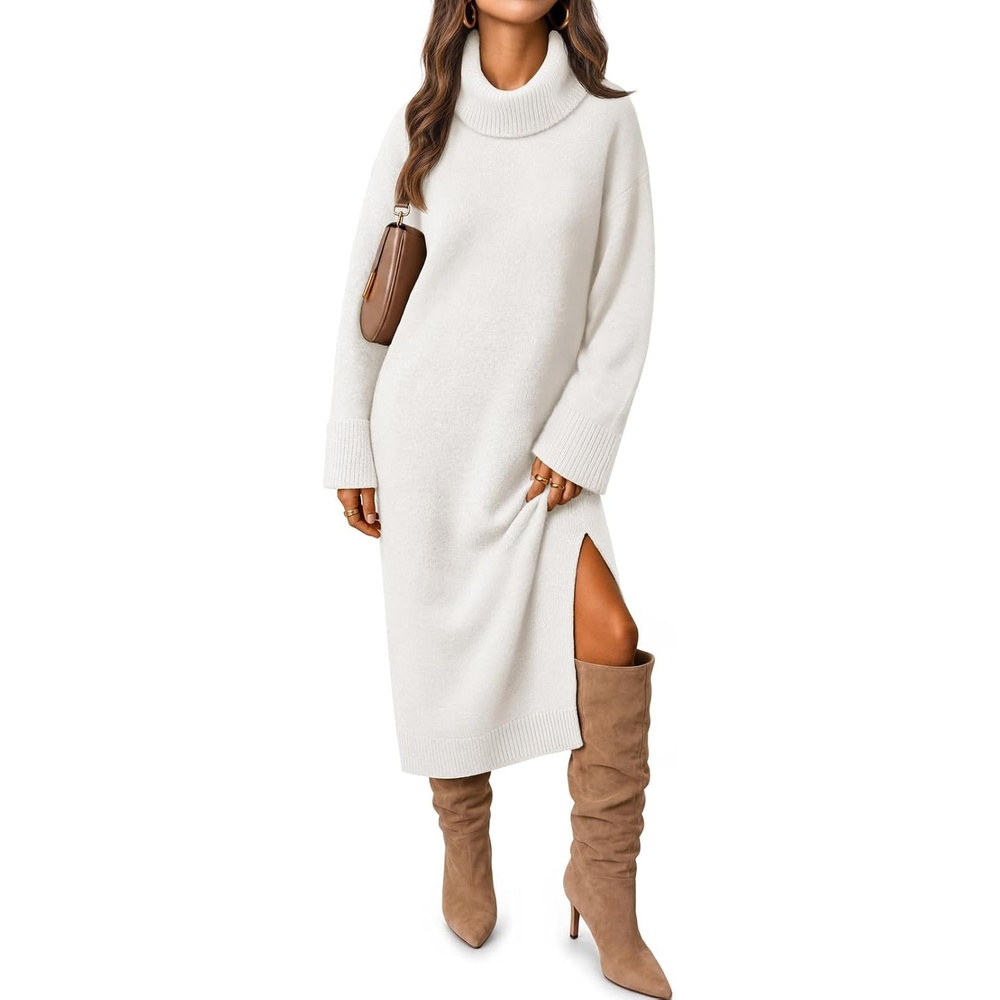 image:imageMEROKEETY Womens Fall Casual Turtleneck Oversized Chunky Knit Sweater DressWhite