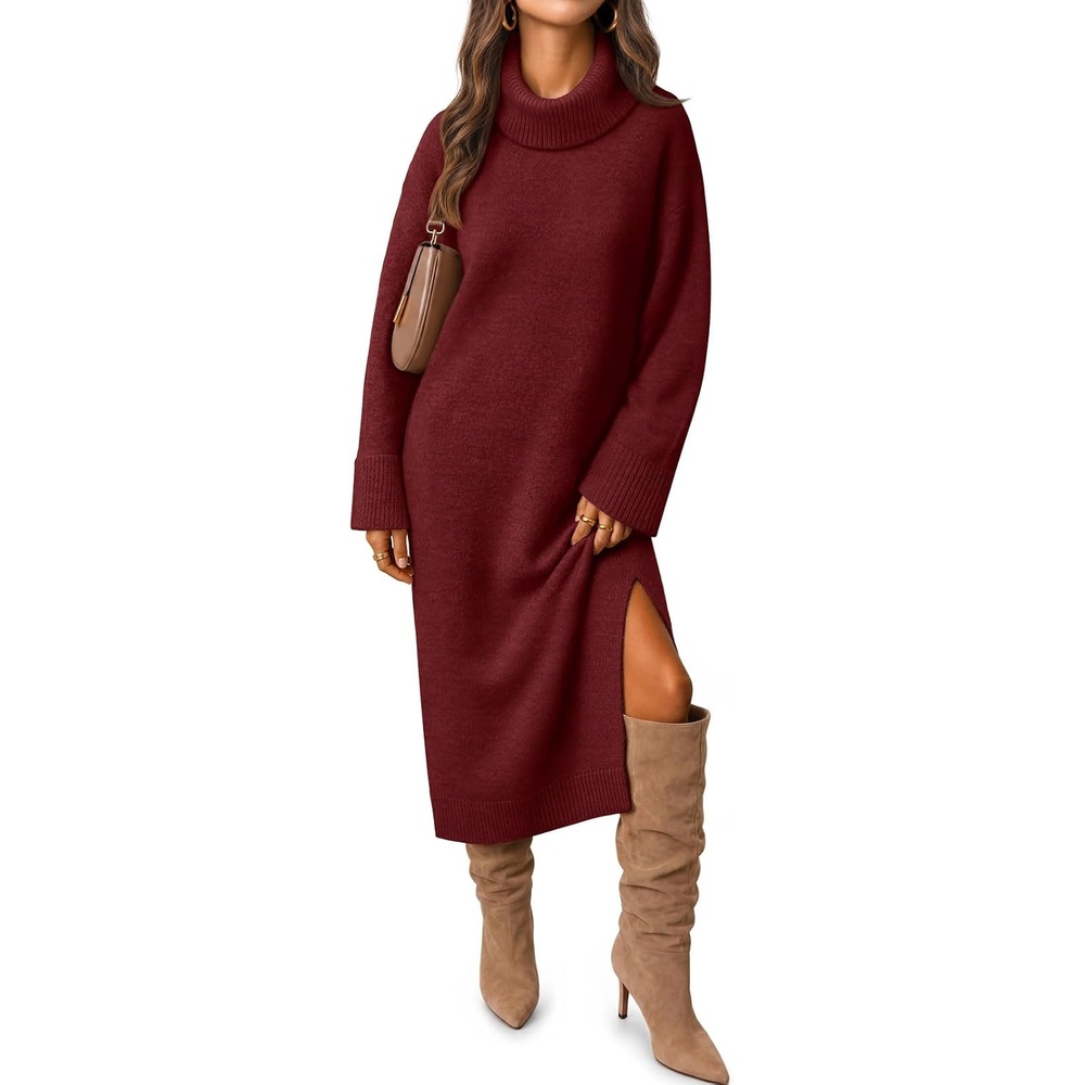 image:imageMEROKEETY Womens Fall Casual Turtleneck Oversized Chunky Knit Sweater DressWine