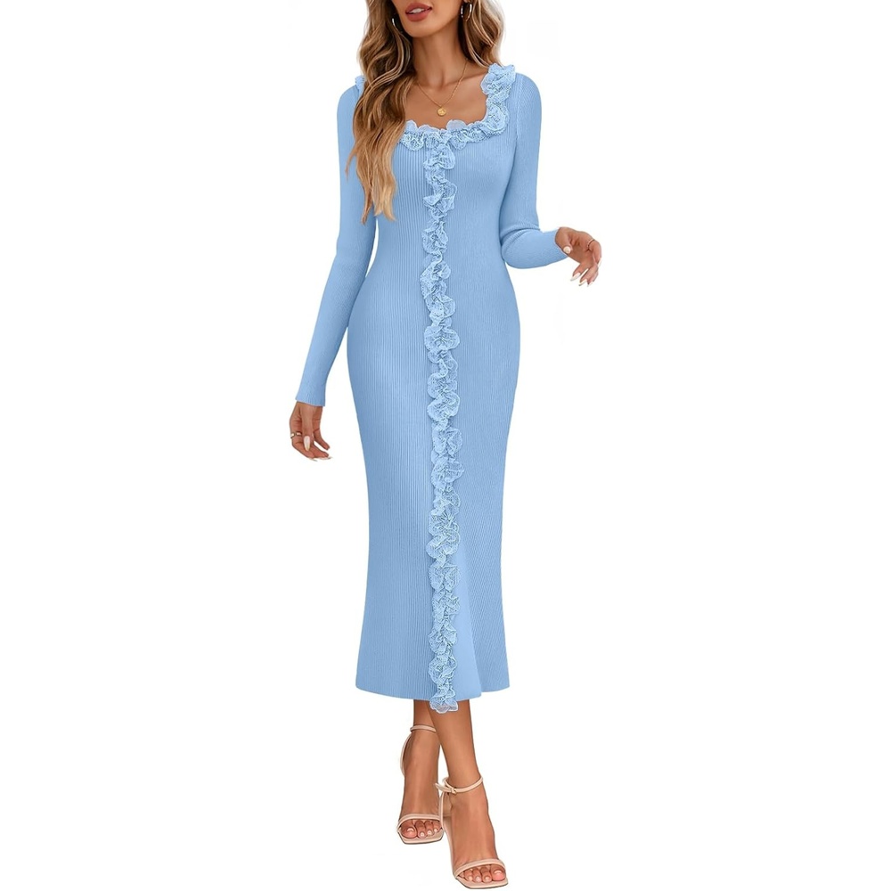 image:imageMEROKEETY Womens Fall Long Sleeve Flower Ruffle Trim Bodycon Sweater DressBlue