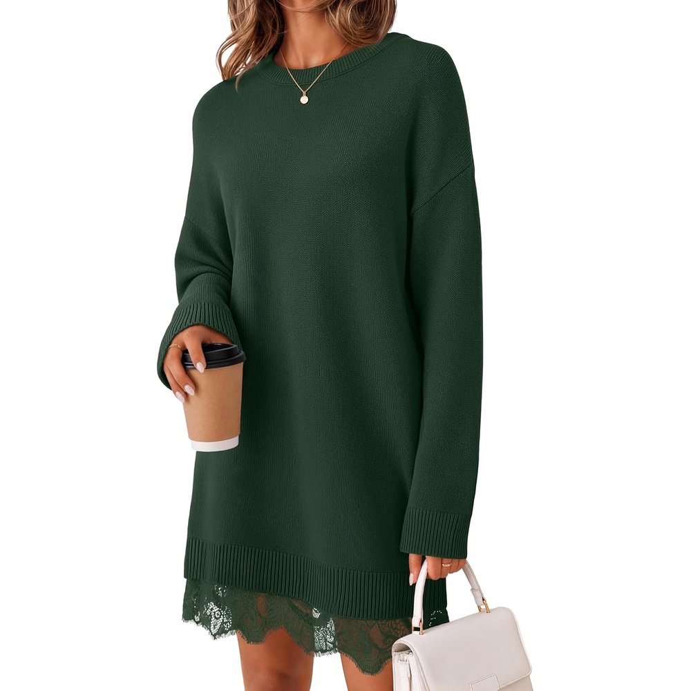 image:imageMEROKEETY Womens Fall Long Sleeve Lace Oversized Casual Knit Sweater DressDarkgreen