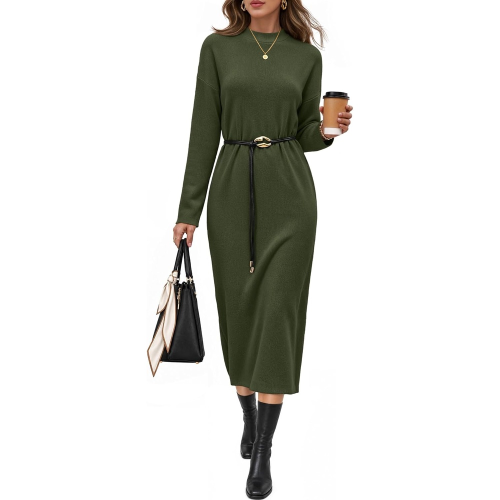 image:imageMEROKEETY Womens Fall Sweater Dress 2026 Winter Long Sleeve Midi DressesArmy