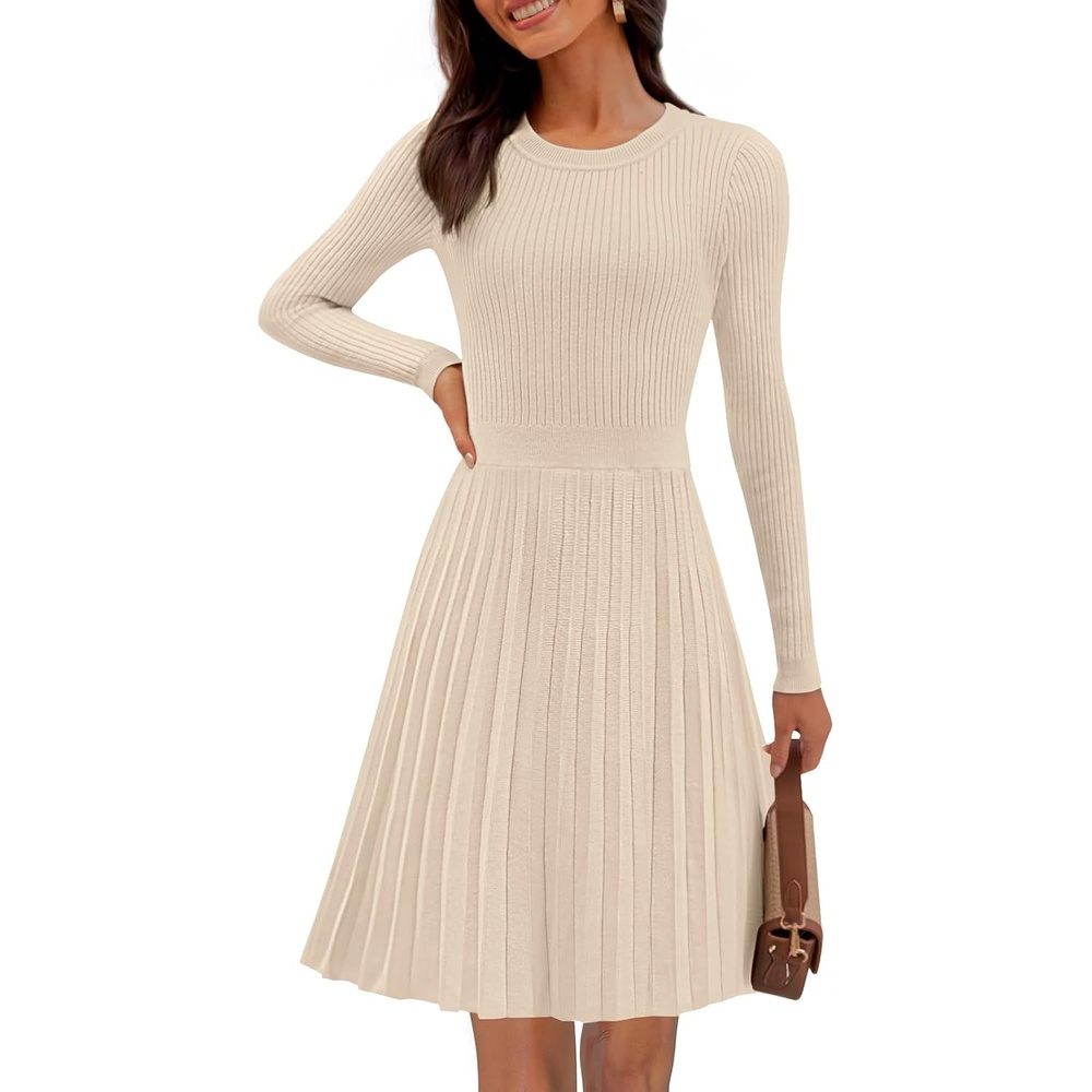 image:imageMEROKEETY Womens Long Sleeve A Line Pleated Sweater DressApricot