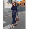 MEROKEETY Women’s Fall Long Sleeve Bodycon Tie Waist Midi Sweater Dress(Navy)