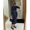MEROKEETY Women’s Fall Long Sleeve Bodycon Tie Waist Midi Sweater Dress(Navy)