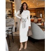 MEROKEETY Women’s Fall Long Sleeve Bodycon Tie Waist Midi Sweater Dress(White)