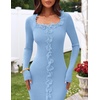 MEROKEETY Womens Fall Long Sleeve Flower Ruffle Trim Bodycon Sweater Dress(Blue)