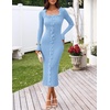 MEROKEETY Womens Fall Long Sleeve Flower Ruffle Trim Bodycon Sweater Dress(Blue)