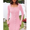 MEROKEETY Womens Fall Long Sleeve Flower Ruffle Trim Bodycon Sweater Dress(Pink)