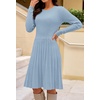 MEROKEETY Women’s Long Sleeve A Line Pleated Sweater Dress(Lightblue)