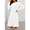MEROKEETY Women’s Long Sleeve A Line Pleated Sweater Dress(White)