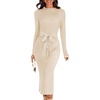 MEROKEETY Women’s Fall Long Sleeve Bodycon Tie Waist Midi Sweater Dress(Apricot)
