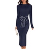 MEROKEETY Women’s Fall Long Sleeve Bodycon Tie Waist Midi Sweater Dress(Navy)