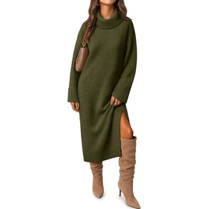 MEROKEETY Womens Fall Casual Turtleneck Oversized Chunky Knit Sweater Dress(Army)