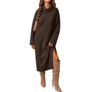 MEROKEETY Womens Fall Casual Turtleneck Oversized Chunky Knit Sweater Dress(Coffee)