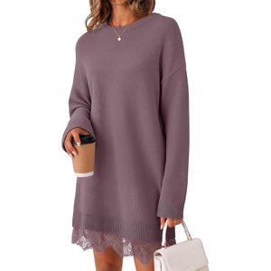 MEROKEETY Women’s Fall Long Sleeve Lace Oversized Casual Knit Sweater Dress(Greypurple)