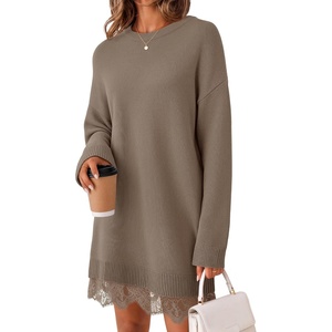 MEROKEETY Women’s Fall Long Sleeve Lace Oversized Casual Knit Sweater Dress(Mocha)