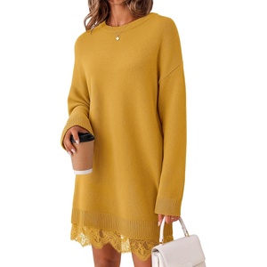 MEROKEETY Women’s Fall Long Sleeve Lace Oversized Casual Knit Sweater Dress(Turmeric)