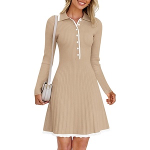 MEROKEETY Women’s Fall Long Sleeve Pleated Knit Work Sweater Mini Dress(Khaki)