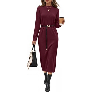 MEROKEETY Women’s Fall Sweater Dress 2026 Winter Long Sleeve Midi Dresses(Burgundy)