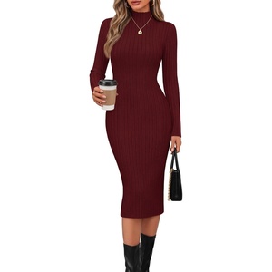 MEROKEETY Women’s Ribbed Knit Fall Bodycon Midi Sweater Dress(Wine)